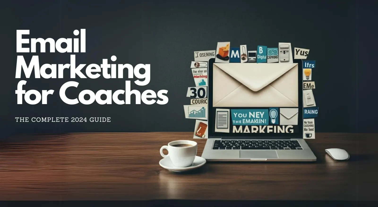A visually engaging image showing email marketing strategies for coaches, featuring icons and tools relevant to the coaching industry.