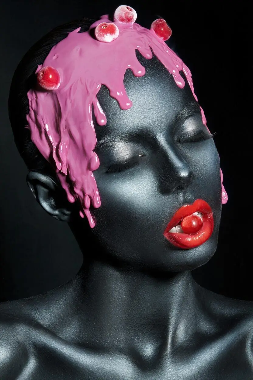 Editorial portrait: a face painted graphite grey with glossy pink paint dripping from the head