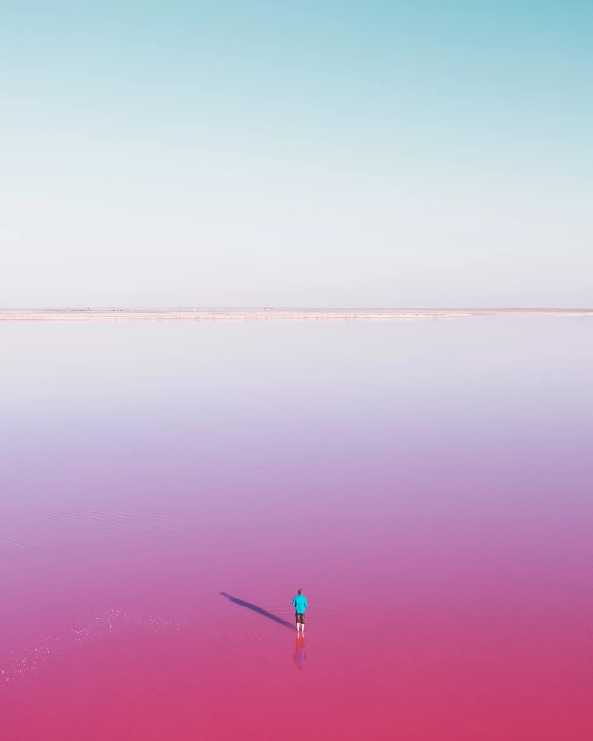 A tiny figure walking across a vast pink salt lake under a pale blue sky